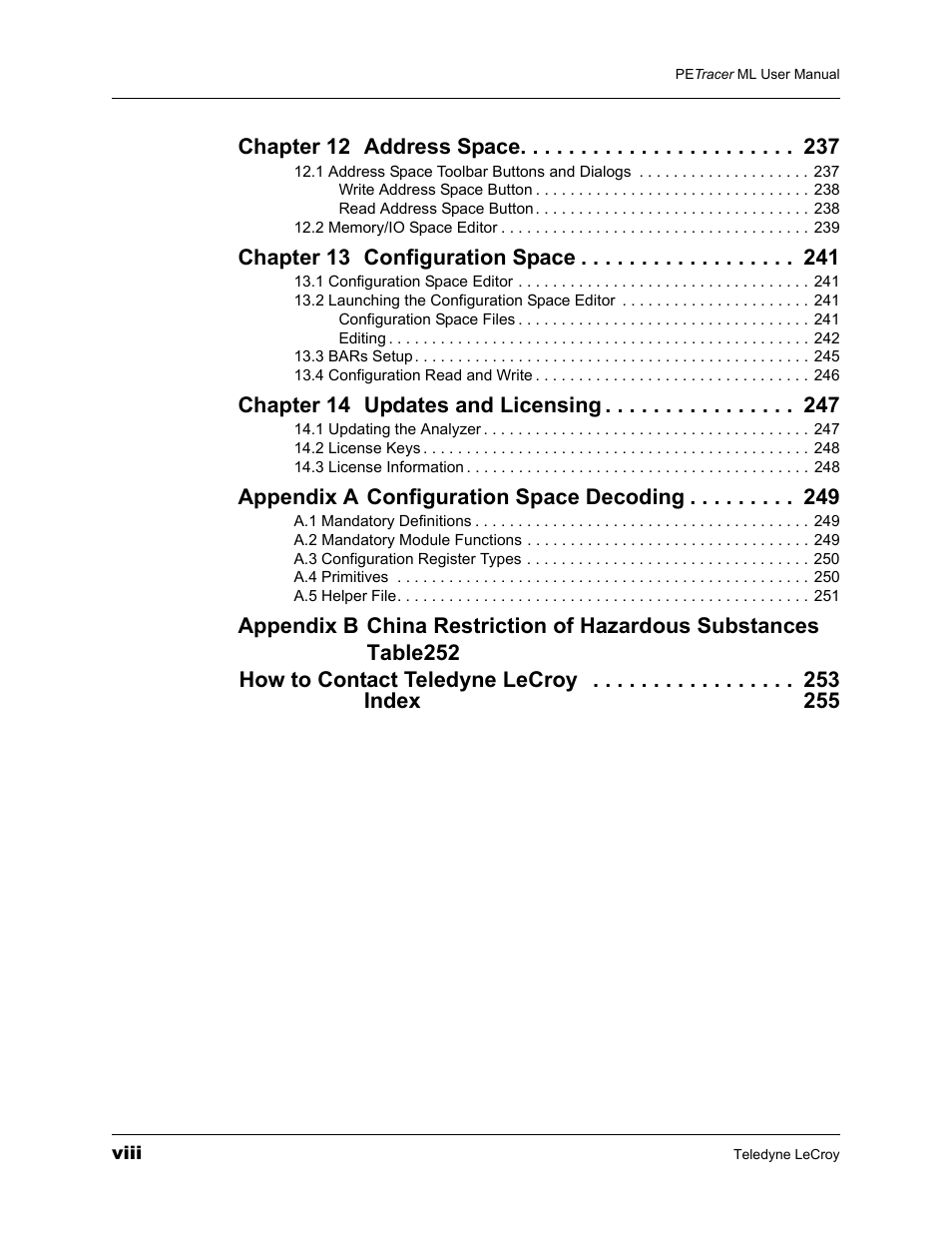 Chapter 12 address space, Chapter 13 configuration space, Chapter 14 updates and licensing | Appendix a configuration space decoding | Teledyne LeCroy PETracer ML Analyzer and Exerciser User Manual User Manual | Page 8 / 274
