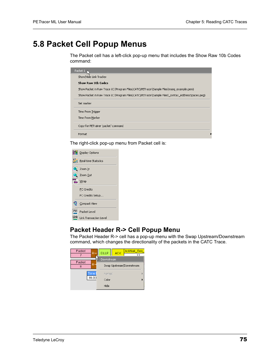 8 packet cell popup menus, Packet header r-> cell popup menu | Teledyne LeCroy PETracer ML Analyzer and Exerciser User Manual User Manual | Page 83 / 274