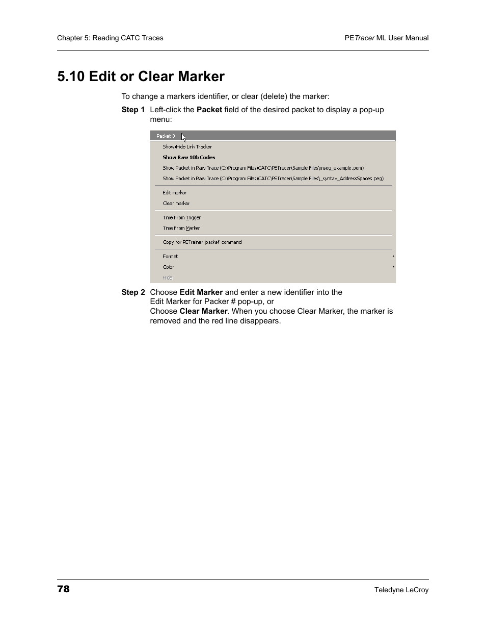 10 edit or clear marker | Teledyne LeCroy PETracer ML Analyzer and Exerciser User Manual User Manual | Page 86 / 274