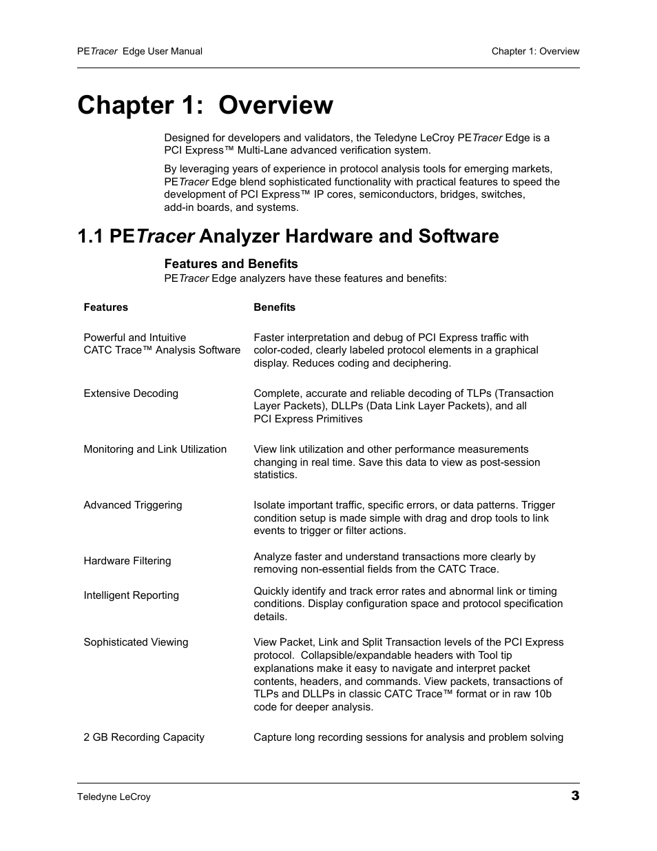 Chapter 1: overview, 1 petracer analyzer hardware and software, Chapter 1 | Overview, 1 pe tracer analyzer hardware and software | Teledyne LeCroy PETracer PCI Express Edge User Manual User Manual | Page 11 / 196