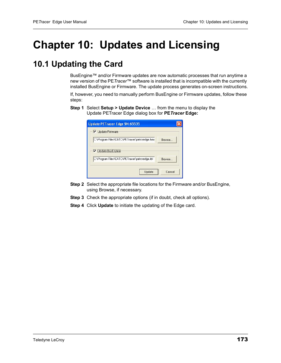 Chapter 10: updates and licensing, 1 updating the card, Chapter 10 updates and licensing | Teledyne LeCroy PETracer PCI Express Edge User Manual User Manual | Page 181 / 196