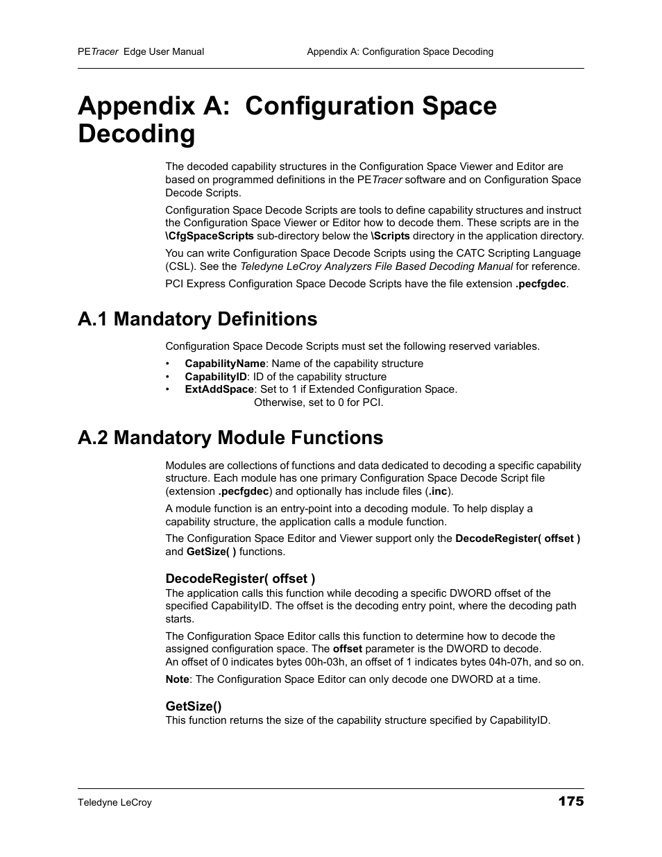 Appendix a: configuration space decoding, A.1 mandatory definitions, A.2 mandatory module functions | Appendix a configuration space decoding | Teledyne LeCroy PETracer PCI Express Edge User Manual User Manual | Page 183 / 196