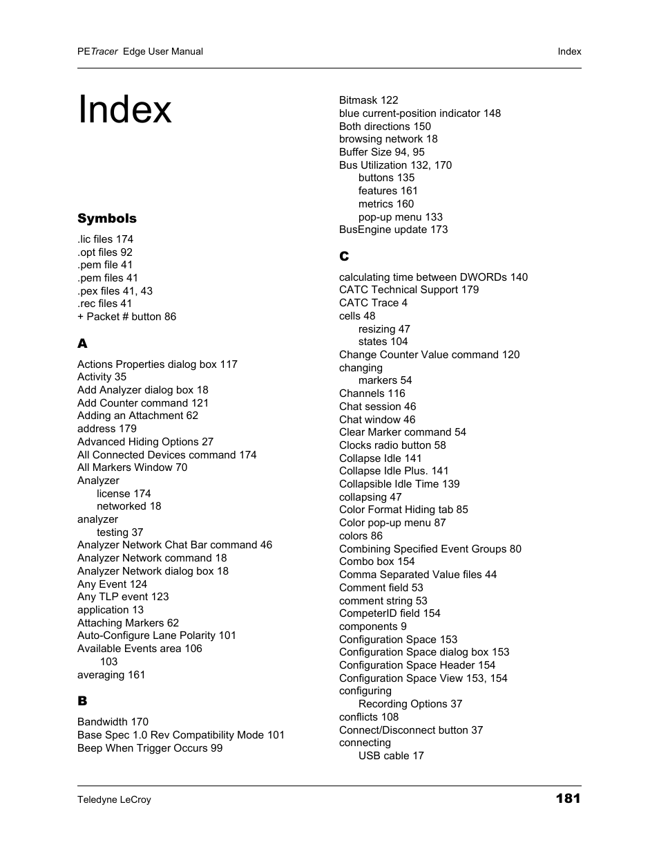 Index, Index 181 | Teledyne LeCroy PETracer PCI Express Edge User Manual User Manual | Page 189 / 196