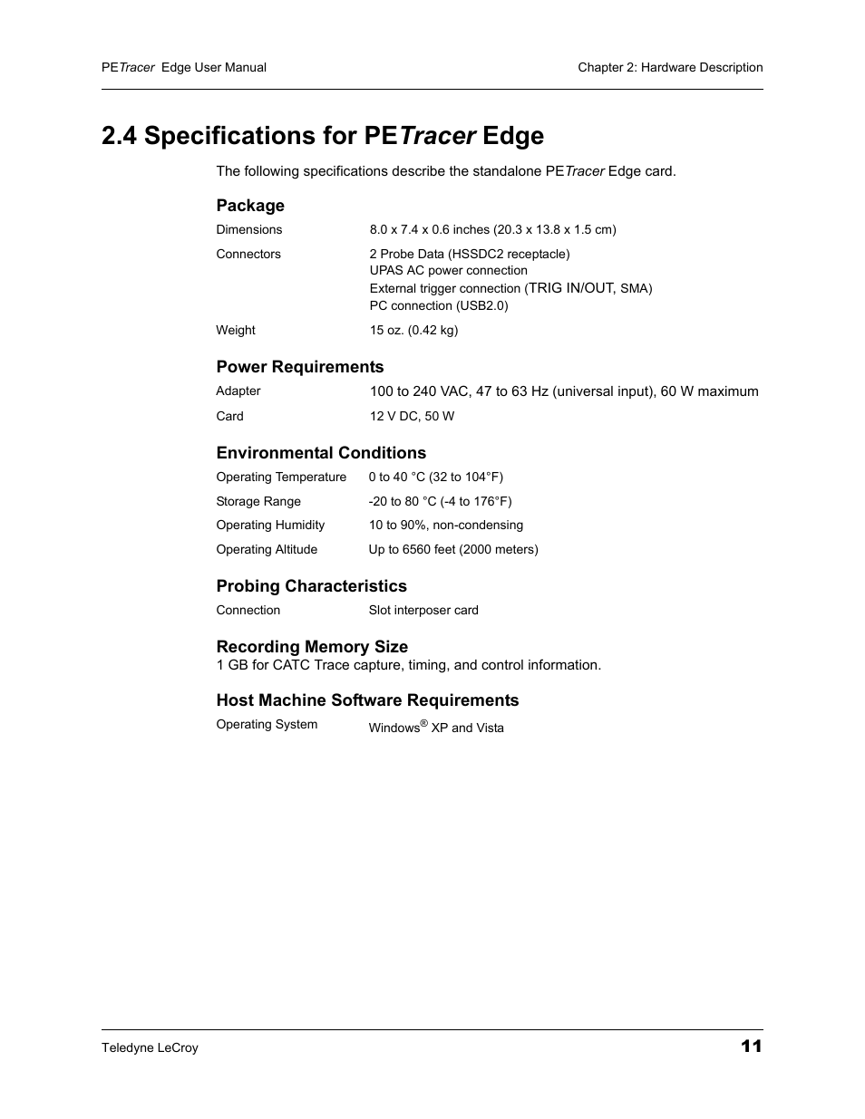 4 specifications for petracer edge, 4 specifications for pe tracer edge | Teledyne LeCroy PETracer PCI Express Edge User Manual User Manual | Page 19 / 196