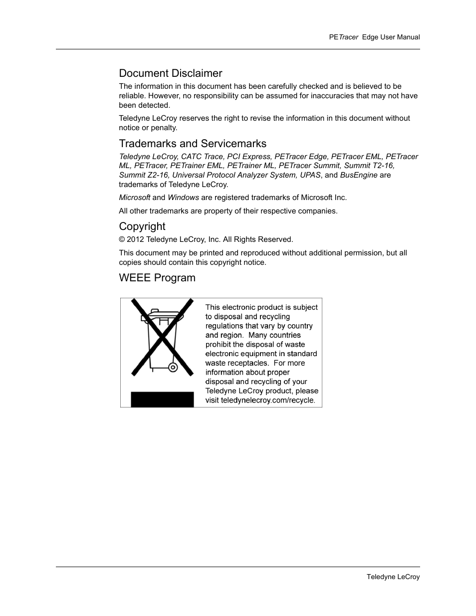Document disclaimer, Trademarks and servicemarks, Copyright | Weee program | Teledyne LeCroy PETracer PCI Express Edge User Manual User Manual | Page 2 / 196