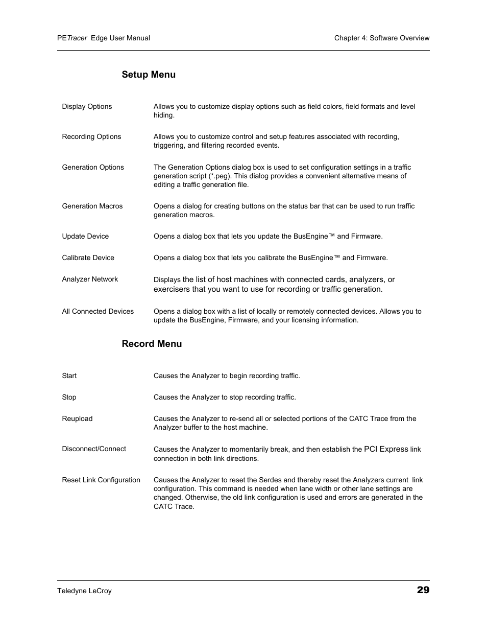 29 setup menu record menu | Teledyne LeCroy PETracer PCI Express Edge User Manual User Manual | Page 37 / 196