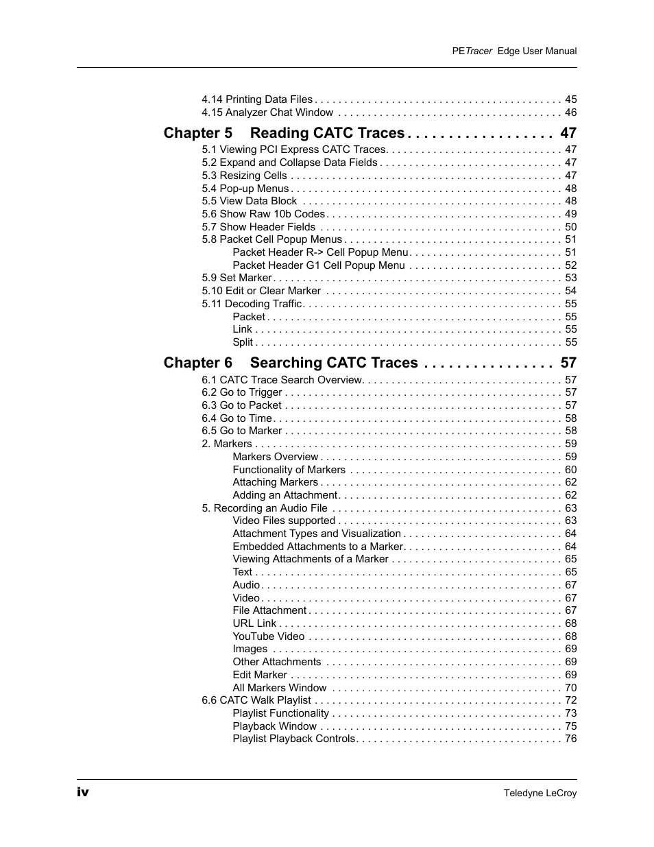 Chapter 5 reading catc traces, Chapter 6 searching catc traces | Teledyne LeCroy PETracer PCI Express Edge User Manual User Manual | Page 4 / 196