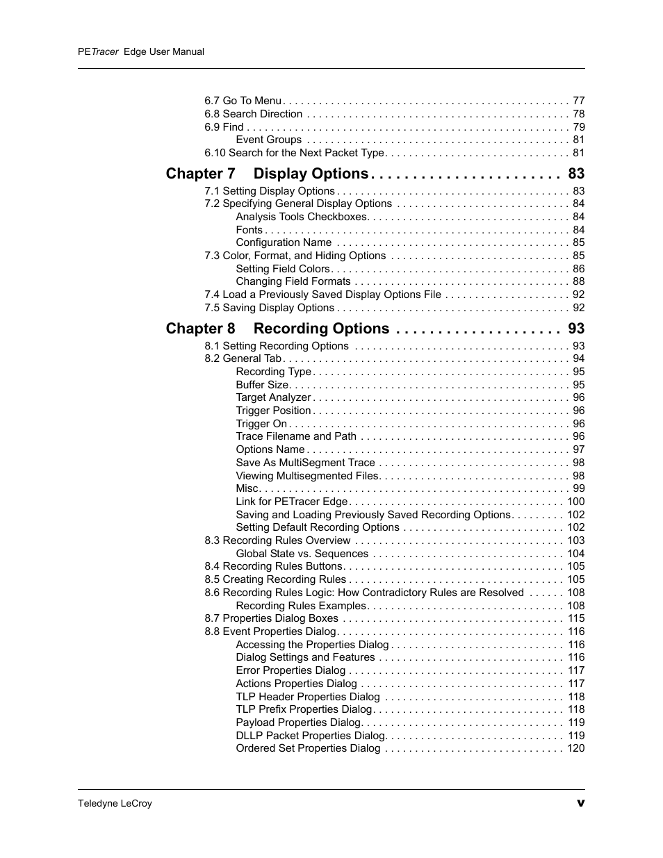 Chapter 7 display options, Chapter 8 recording options | Teledyne LeCroy PETracer PCI Express Edge User Manual User Manual | Page 5 / 196