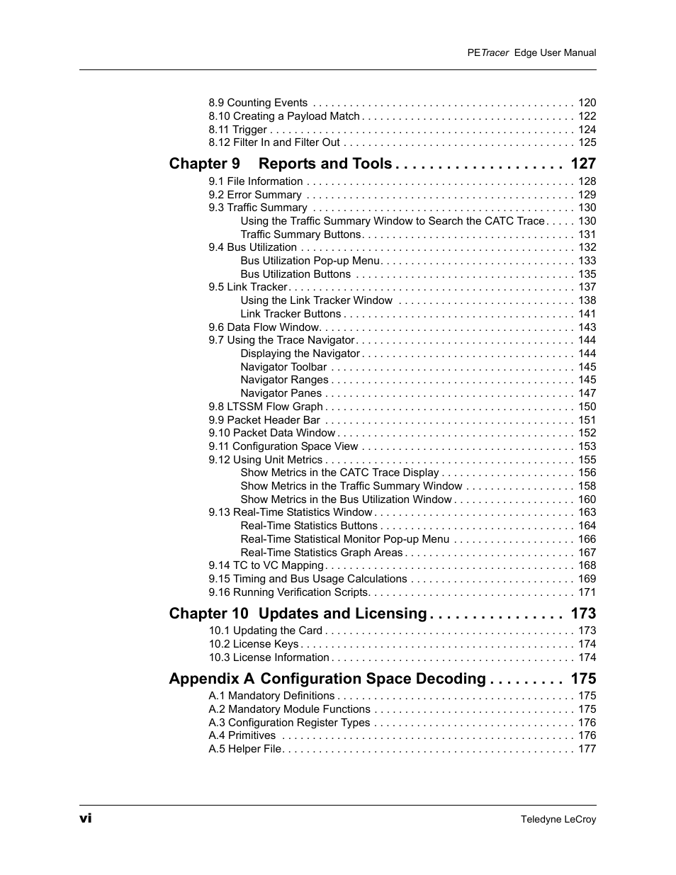 Chapter 9 reports and tools, Chapter 10 updates and licensing, Appendix a configuration space decoding | Teledyne LeCroy PETracer PCI Express Edge User Manual User Manual | Page 6 / 196