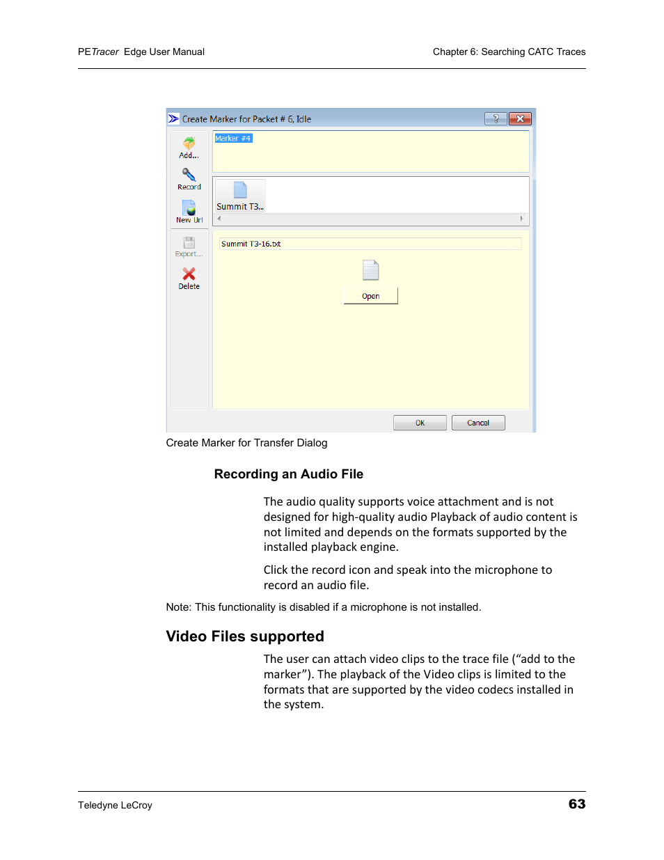Recording an audio file, Video files supported | Teledyne LeCroy PETracer PCI Express Edge User Manual User Manual | Page 71 / 196