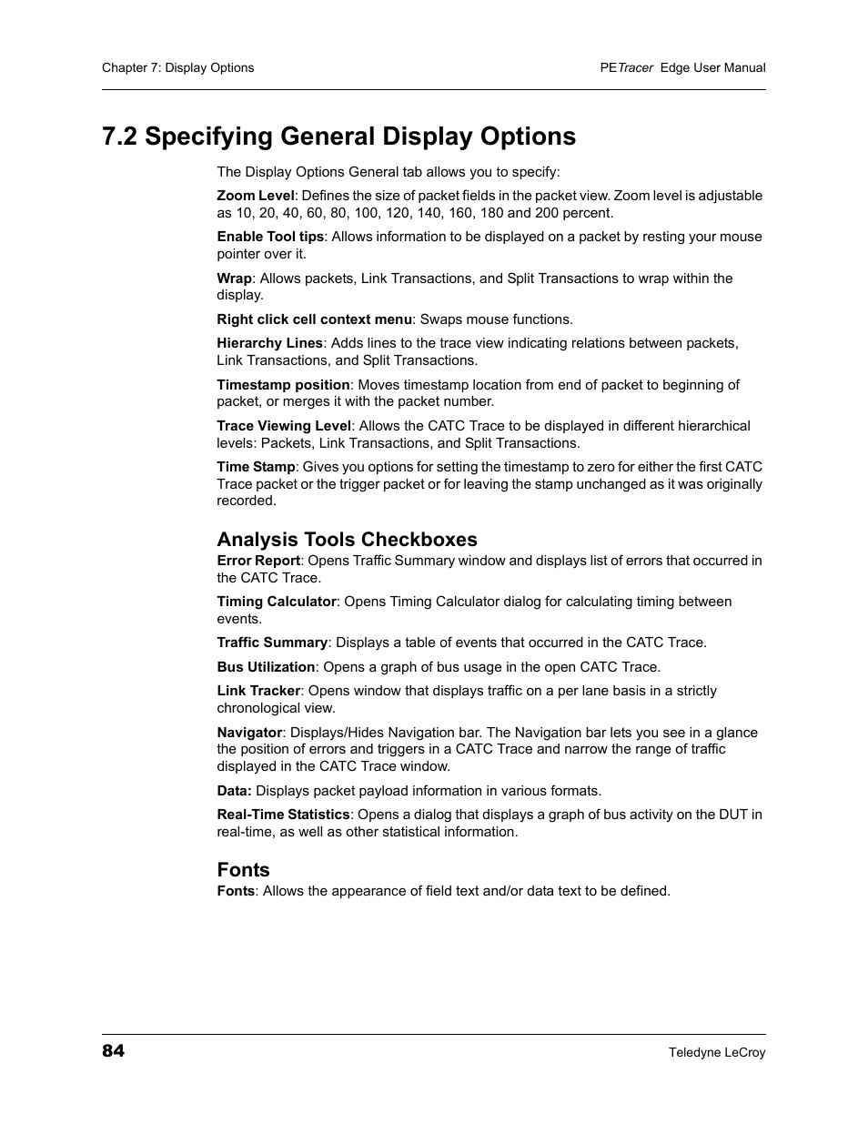2 specifying general display options, Analysis tools checkboxes, Fonts | Analysis tools checkboxes fonts | Teledyne LeCroy PETracer PCI Express Edge User Manual User Manual | Page 92 / 196