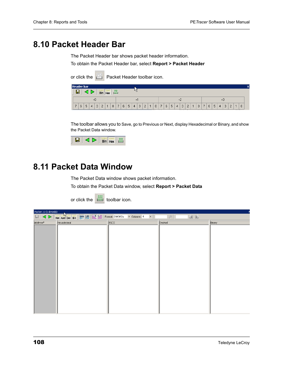 10 packet header bar, 11 packet data window, 10 packet header bar 8.11 packet data window | Teledyne LeCroy PETracer ProtoSync Software User Manual User Manual | Page 114 / 154