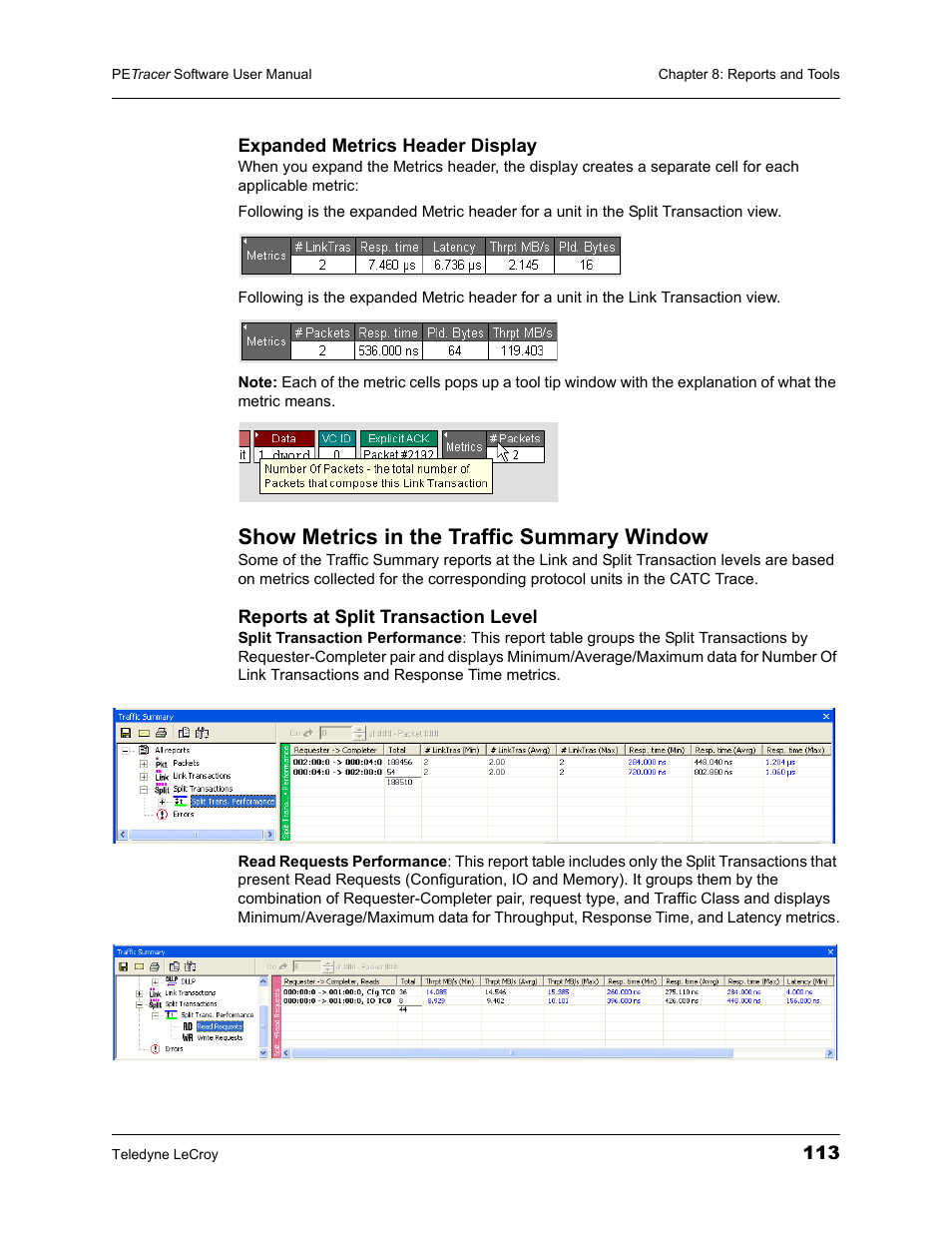 Show metrics in the traffic summary window | Teledyne LeCroy PETracer ProtoSync Software User Manual User Manual | Page 119 / 154