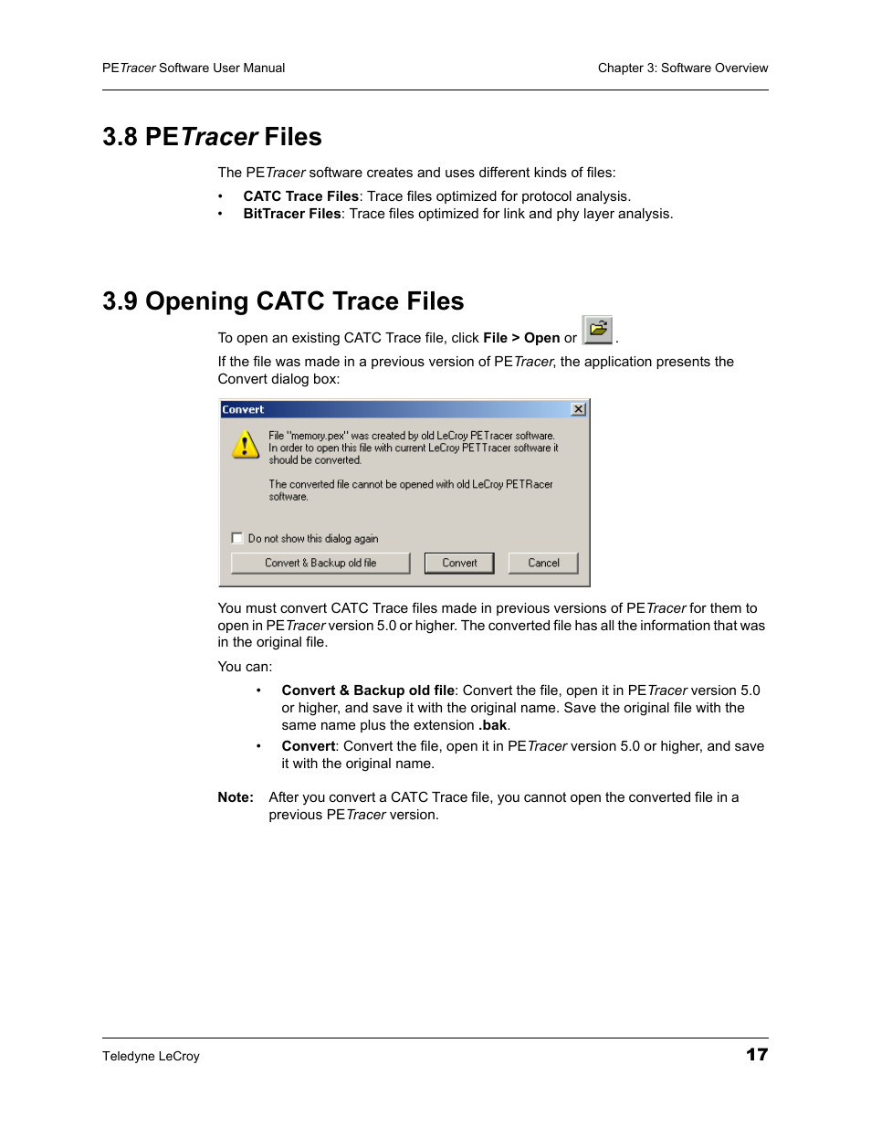 8 petracer files, 9 opening catc trace files, 8 petracer files 3.9 opening catc trace files | 8 pe tracer files | Teledyne LeCroy PETracer ProtoSync Software User Manual User Manual | Page 23 / 154