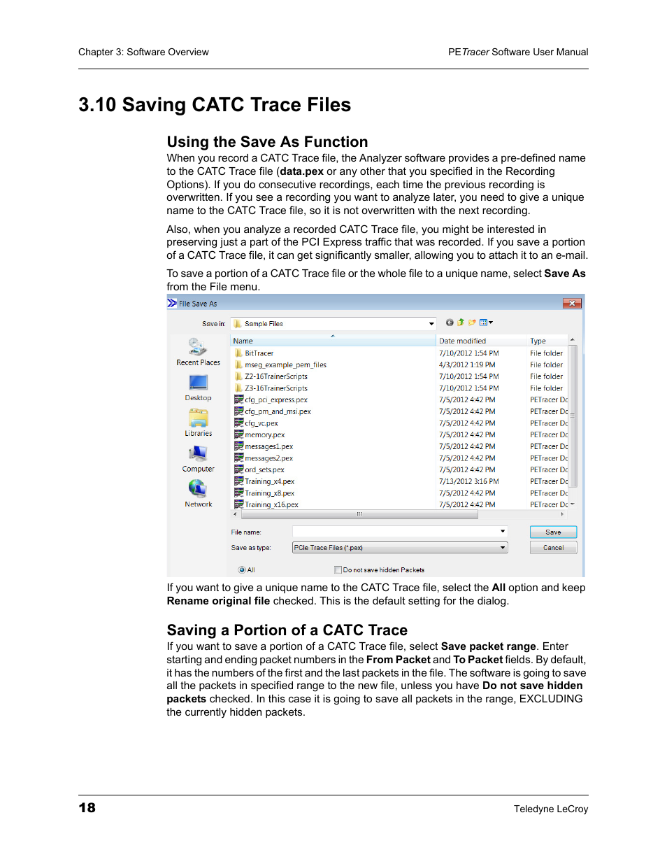 10 saving catc trace files, Using the save as function, Saving a portion of a catc trace | Teledyne LeCroy PETracer ProtoSync Software User Manual User Manual | Page 24 / 154