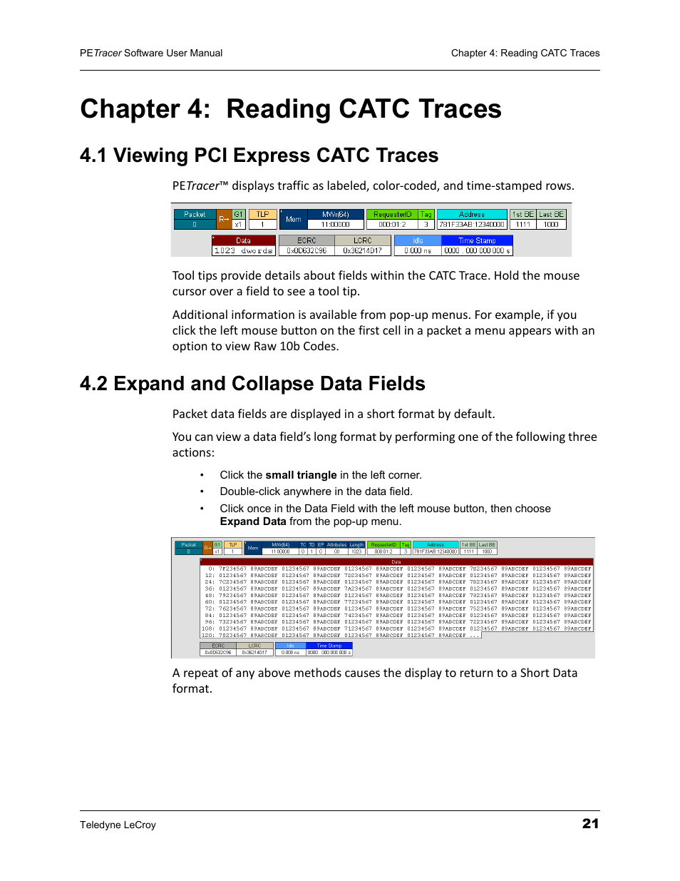 Chapter 4: reading catc traces, 1 viewing pci express catc traces, 2 expand and collapse data fields | Chapter 4, Reading catc traces | Teledyne LeCroy PETracer ProtoSync Software User Manual User Manual | Page 27 / 154