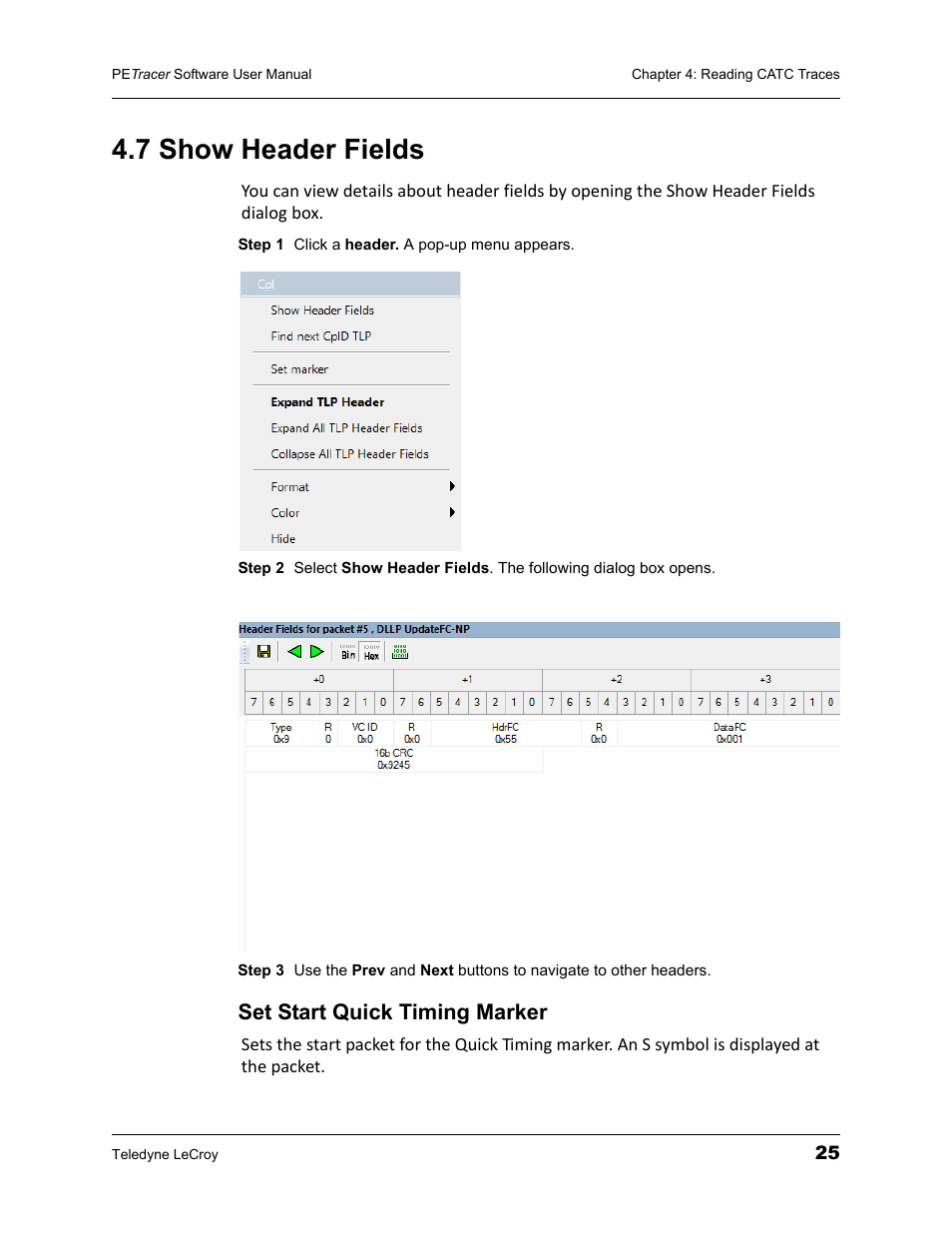 7 show header fields, Set start quick timing marker | Teledyne LeCroy PETracer ProtoSync Software User Manual User Manual | Page 31 / 154