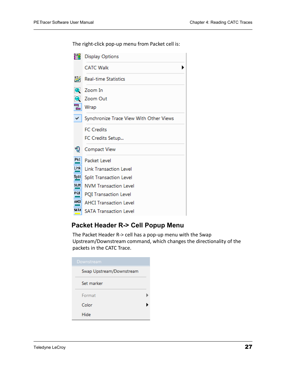 Packet header r-> cell popup menu | Teledyne LeCroy PETracer ProtoSync Software User Manual User Manual | Page 33 / 154