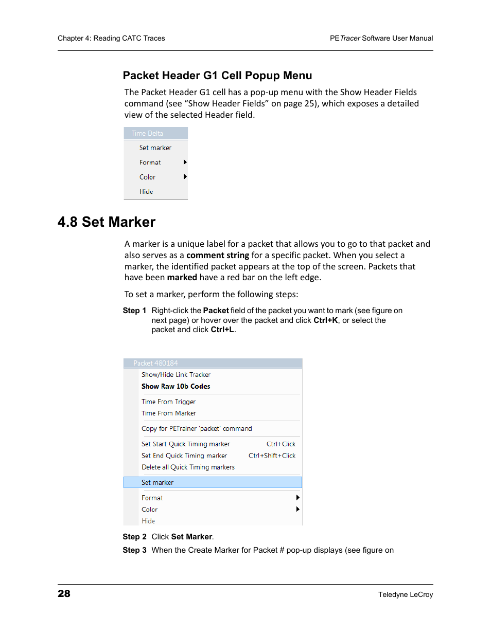 Packet header g1 cell popup menu, 8 set marker | Teledyne LeCroy PETracer ProtoSync Software User Manual User Manual | Page 34 / 154