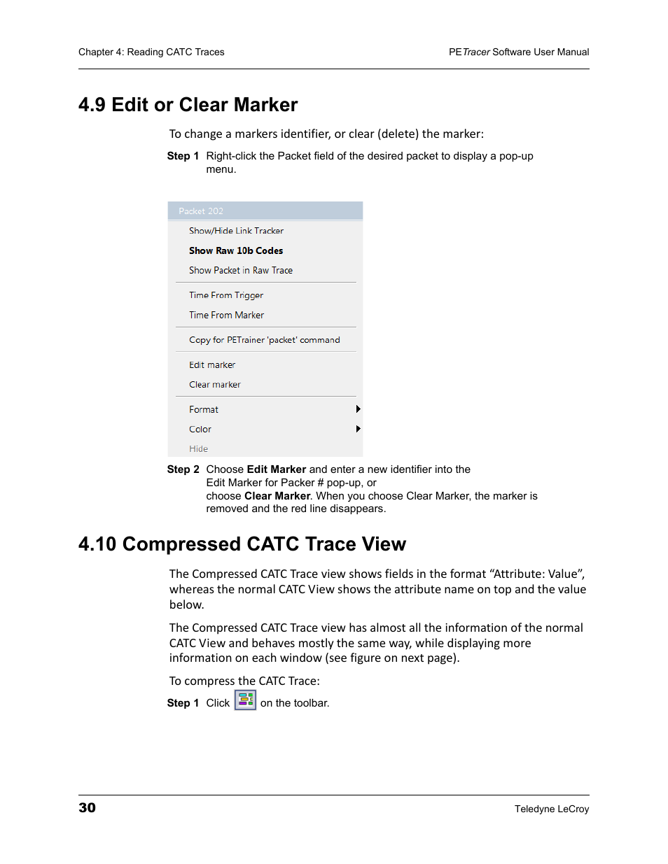 9 edit or clear marker, 10 compressed catc trace view | Teledyne LeCroy PETracer ProtoSync Software User Manual User Manual | Page 36 / 154