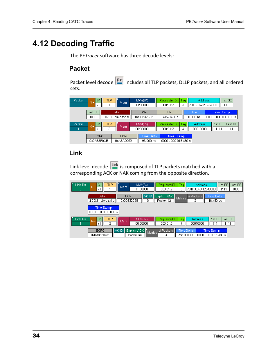 12 decoding traffic, Packet, Link | Packet link | Teledyne LeCroy PETracer ProtoSync Software User Manual User Manual | Page 40 / 154