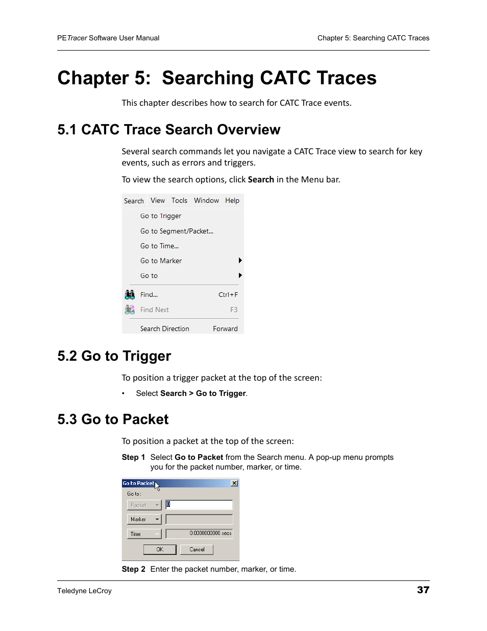 Chapter 5: searching catc traces, 1 catc trace search overview, 2 go to trigger | 3 go to packet, Chapter 5, Searching catc traces | Teledyne LeCroy PETracer ProtoSync Software User Manual User Manual | Page 43 / 154