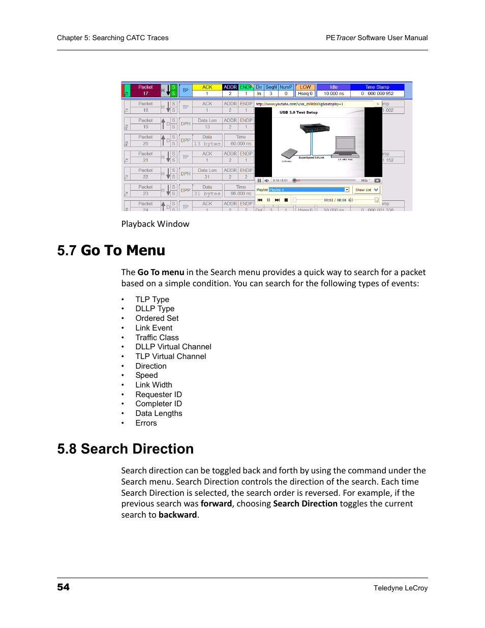 7 go to menu, 8 search direction, 7 go to menu 5.8 search direction | Teledyne LeCroy PETracer ProtoSync Software User Manual User Manual | Page 60 / 154