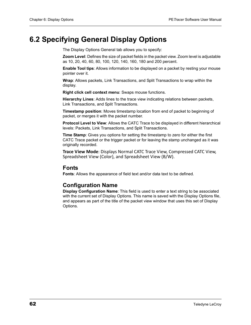 2 specifying general display options, Fonts, Configuration name | Fonts configuration name | Teledyne LeCroy PETracer ProtoSync Software User Manual User Manual | Page 68 / 154