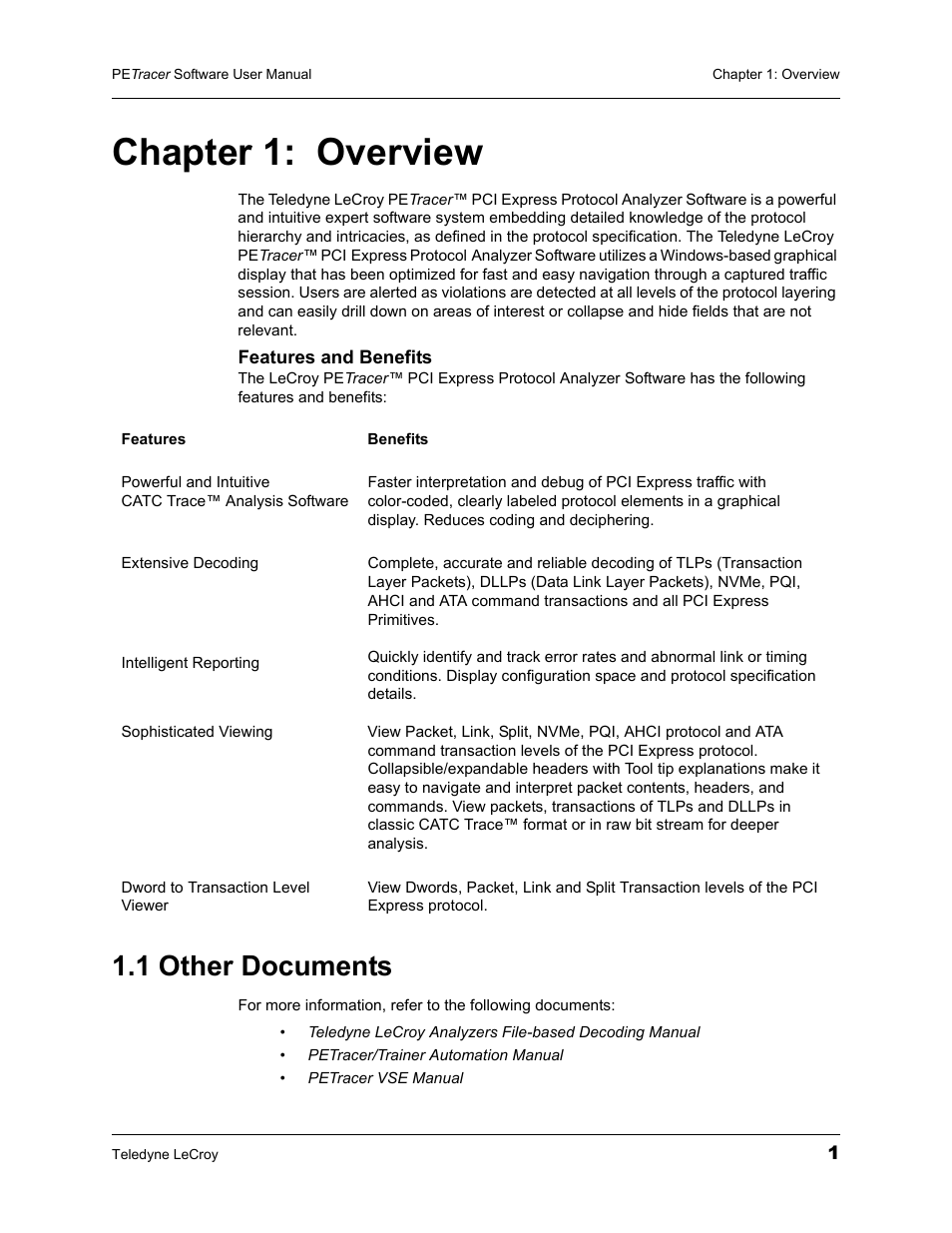Chapter 1: overview, 1 other documents, Chapter 1 | Overview | Teledyne LeCroy PETracer ProtoSync Software User Manual User Manual | Page 7 / 154