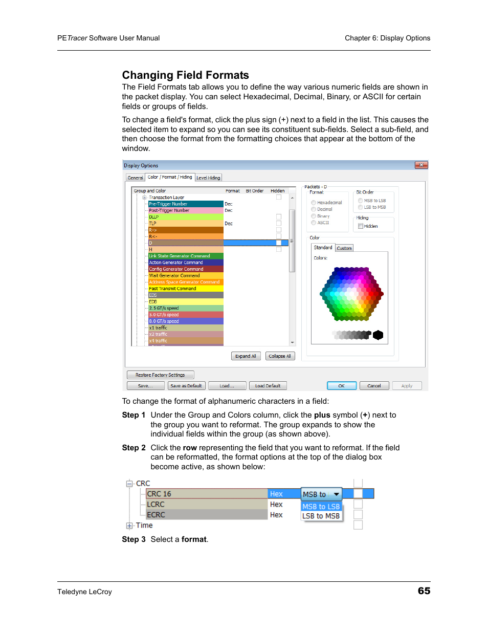 Changing field formats | Teledyne LeCroy PETracer ProtoSync Software User Manual User Manual | Page 71 / 154