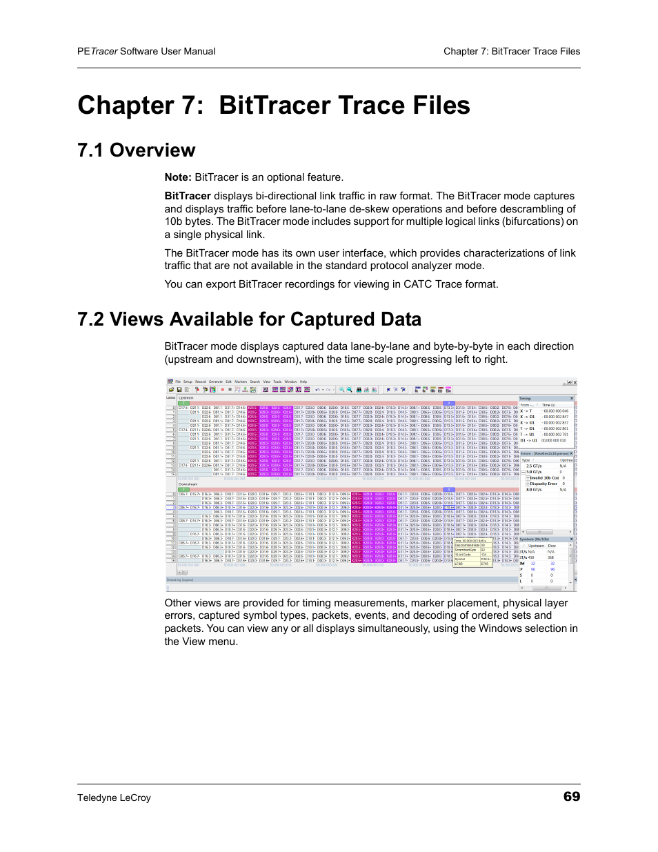 Chapter 7: bittracer trace files, 1 overview, 2 views available for captured data | Chapter 7, Bittracer trace files, 1 overview 7.2 views available for captured data | Teledyne LeCroy PETracer ProtoSync Software User Manual User Manual | Page 75 / 154