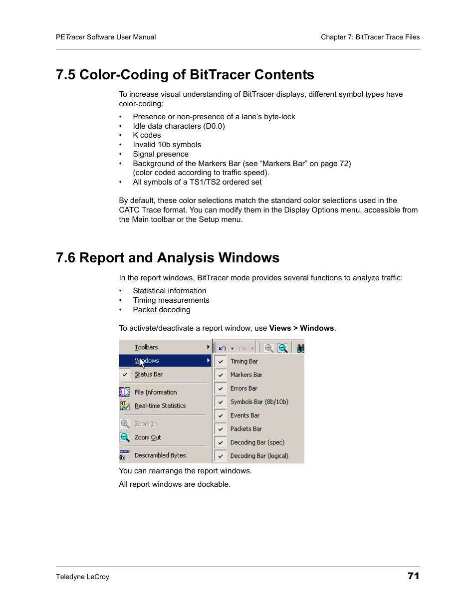 5 color-coding of bittracer contents, 6 report and analysis windows | Teledyne LeCroy PETracer ProtoSync Software User Manual User Manual | Page 77 / 154