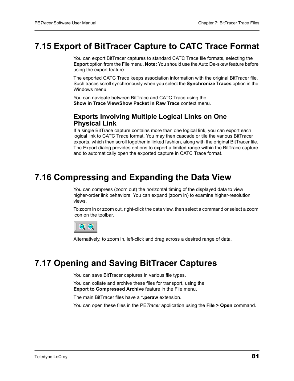 16 compressing and expanding the data view, 17 opening and saving bittracer captures | Teledyne LeCroy PETracer ProtoSync Software User Manual User Manual | Page 87 / 154