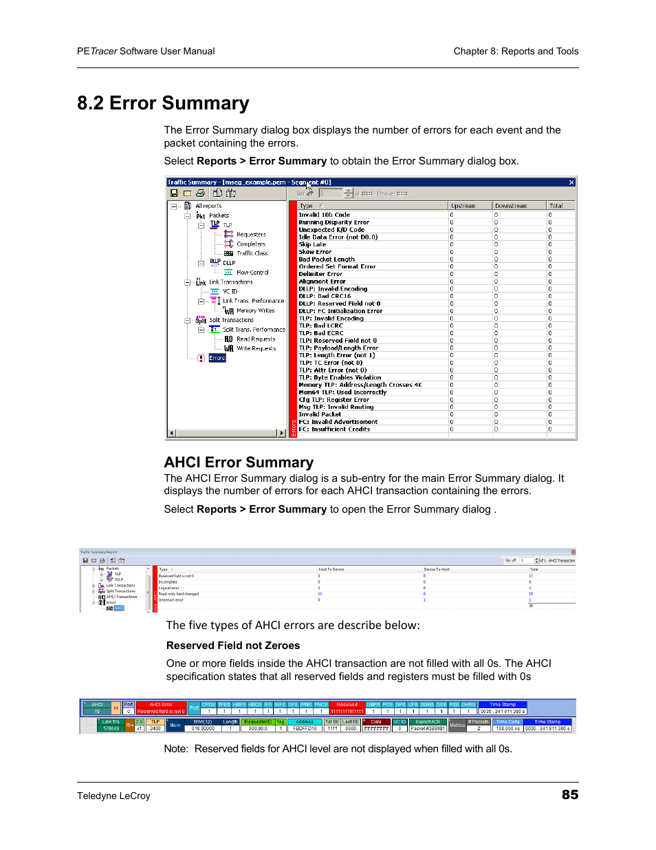 2 error summary, Ahci error summary | Teledyne LeCroy PETracer ProtoSync Software User Manual User Manual | Page 91 / 154