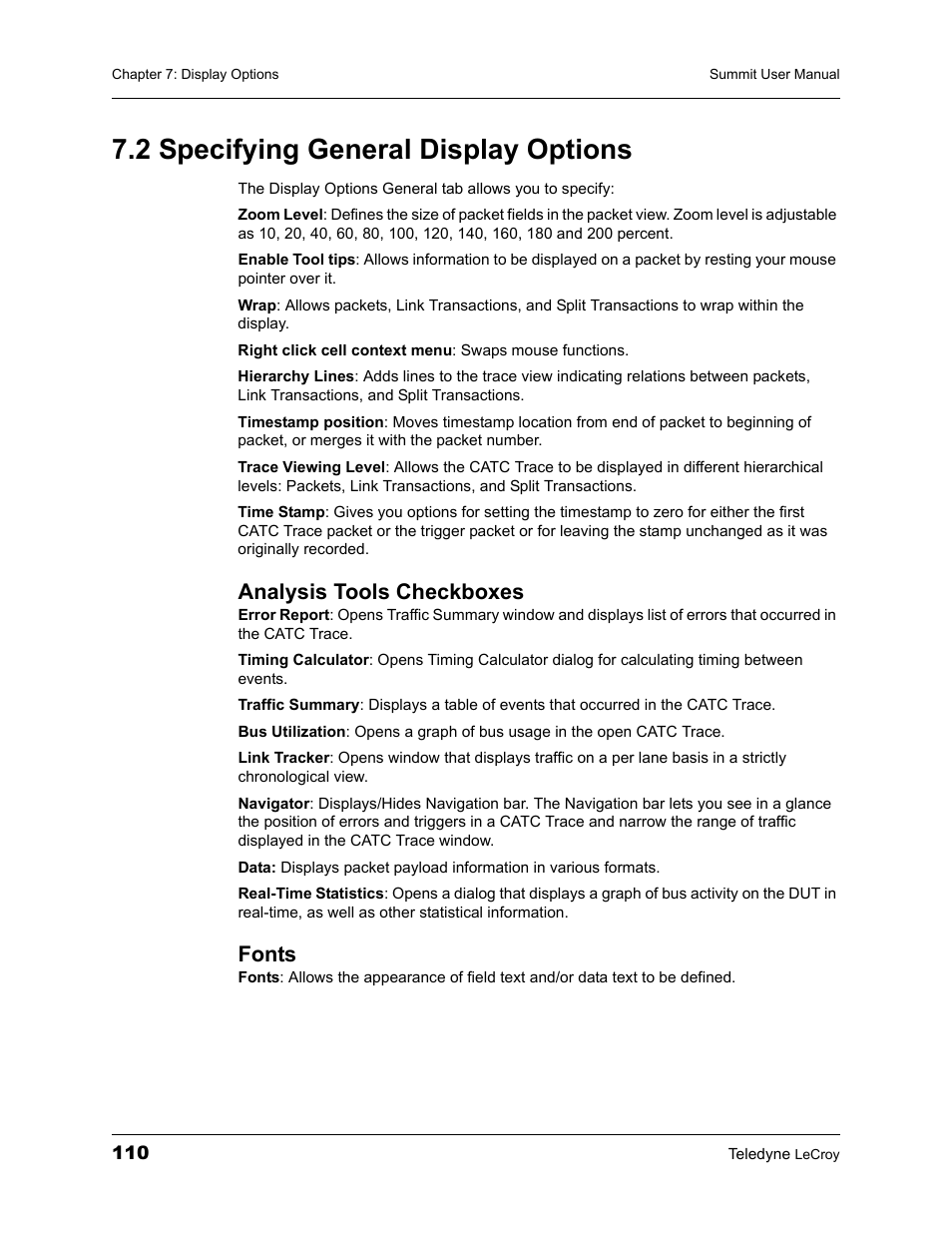 2 specifying general display options, Analysis tools checkboxes, Fonts | Analysis tools checkboxes fonts | Teledyne LeCroy PETracer Summit and Summit T2-16 PCIe User Manual User Manual | Page 118 / 244