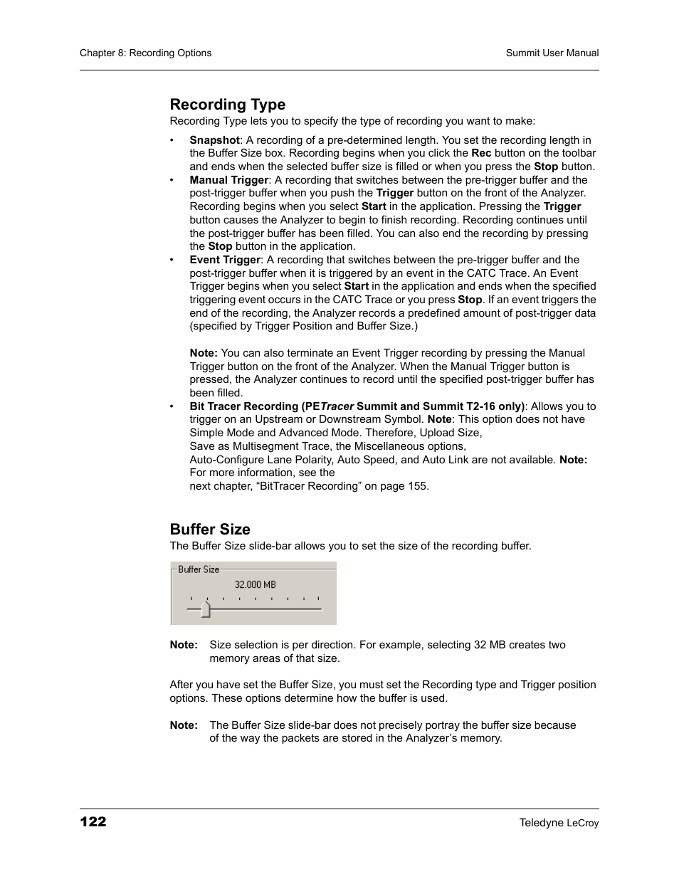 Recording type, Buffer size, Recording type buffer size | Teledyne LeCroy PETracer Summit and Summit T2-16 PCIe User Manual User Manual | Page 130 / 244