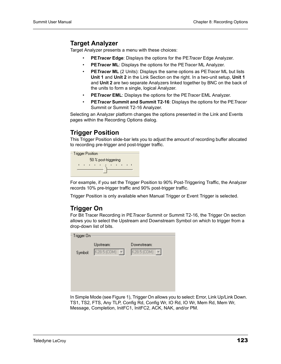Target analyzer, Trigger position, Trigger on | Target analyzer trigger position trigger on | Teledyne LeCroy PETracer Summit and Summit T2-16 PCIe User Manual User Manual | Page 131 / 244