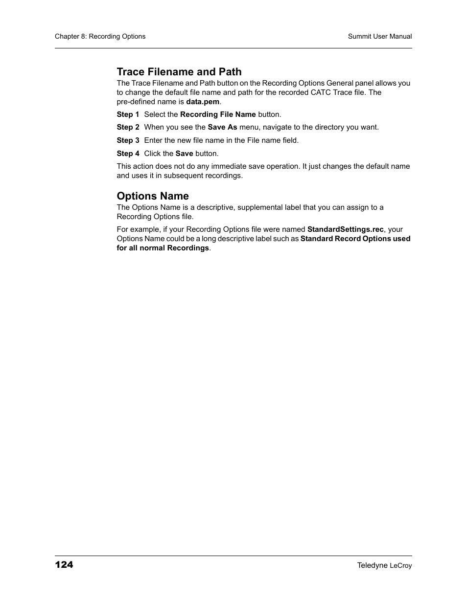 Trace filename and path, Options name, Trace filename and path options name | Teledyne LeCroy PETracer Summit and Summit T2-16 PCIe User Manual User Manual | Page 132 / 244