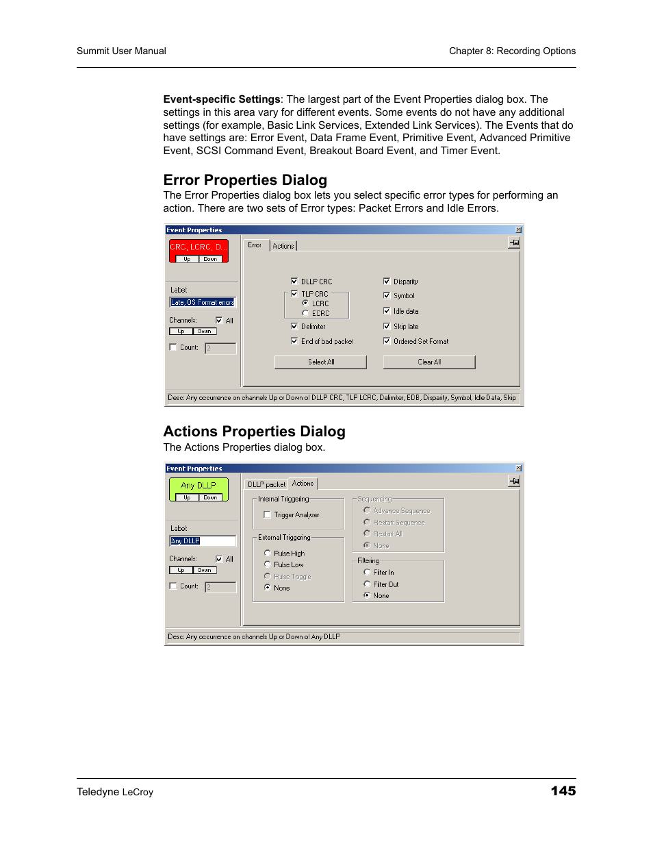 Error properties dialog, Actions properties dialog, Error properties dialog actions properties dialog | Teledyne LeCroy PETracer Summit and Summit T2-16 PCIe User Manual User Manual | Page 153 / 244
