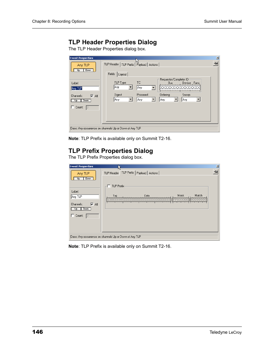 Tlp header properties dialog, Tlp prefix properties dialog | Teledyne LeCroy PETracer Summit and Summit T2-16 PCIe User Manual User Manual | Page 154 / 244