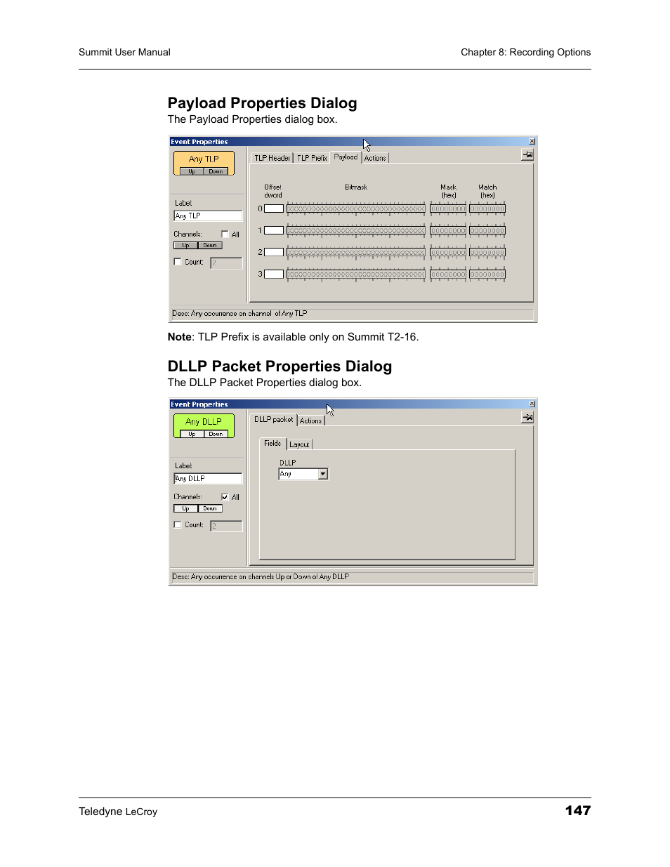 Payload properties dialog, Dllp packet properties dialog | Teledyne LeCroy PETracer Summit and Summit T2-16 PCIe User Manual User Manual | Page 155 / 244