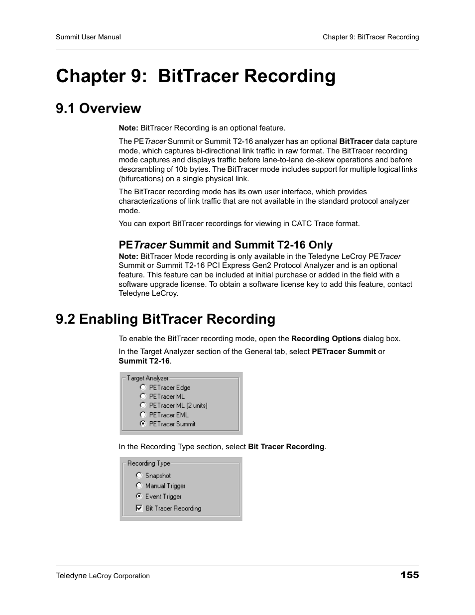 Chapter 9: bittracer recording, 1 overview, Petracer summit and summit t2-16 only | 2 enabling bittracer recording, Chapter 9, Bittracer recording | Teledyne LeCroy PETracer Summit and Summit T2-16 PCIe User Manual User Manual | Page 163 / 244