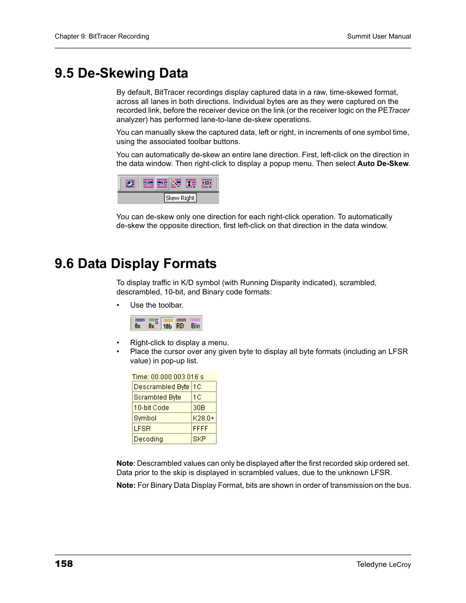 5 de-skewing data, 6 data display formats, 5 de-skewing data 9.6 data display formats | Teledyne LeCroy PETracer Summit and Summit T2-16 PCIe User Manual User Manual | Page 166 / 244