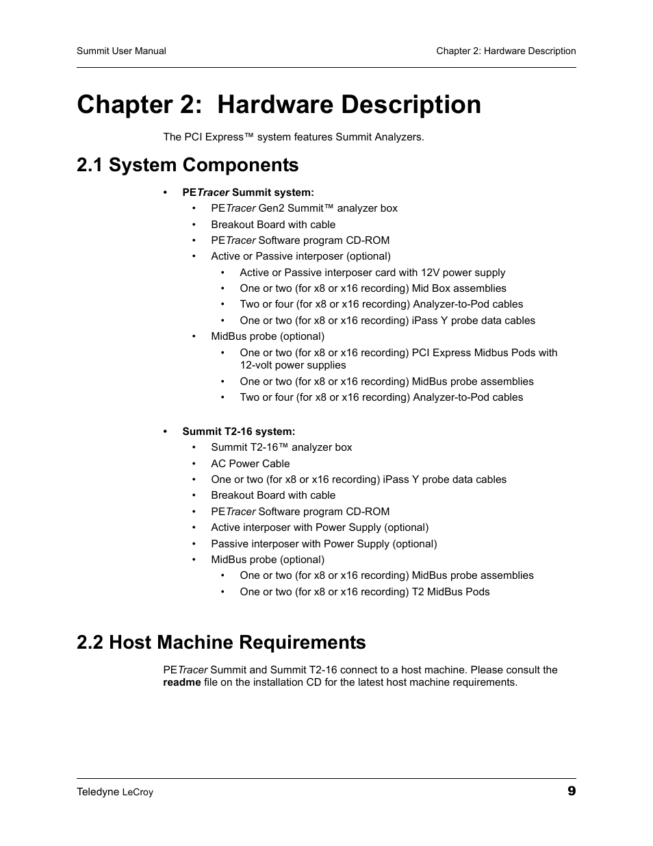 Chapter 2: hardware description, 1 system components, 2 host machine requirements | Chapter 2, Hardware description, 1 system components 2.2 host machine requirements | Teledyne LeCroy PETracer Summit and Summit T2-16 PCIe User Manual User Manual | Page 17 / 244