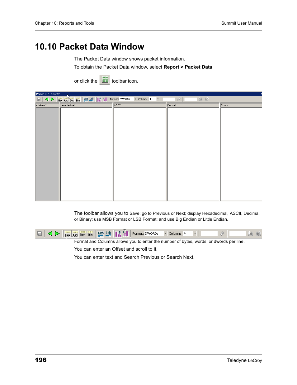 10 packet data window | Teledyne LeCroy PETracer Summit and Summit T2-16 PCIe User Manual User Manual | Page 204 / 244