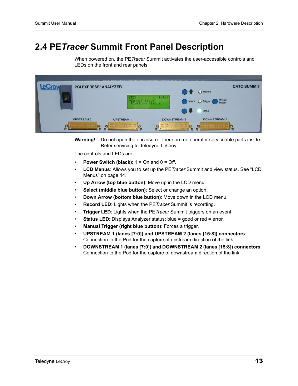 4 petracer summit front panel description, 4 pe tracer summit front panel description | Teledyne LeCroy PETracer Summit and Summit T2-16 PCIe User Manual User Manual | Page 21 / 244