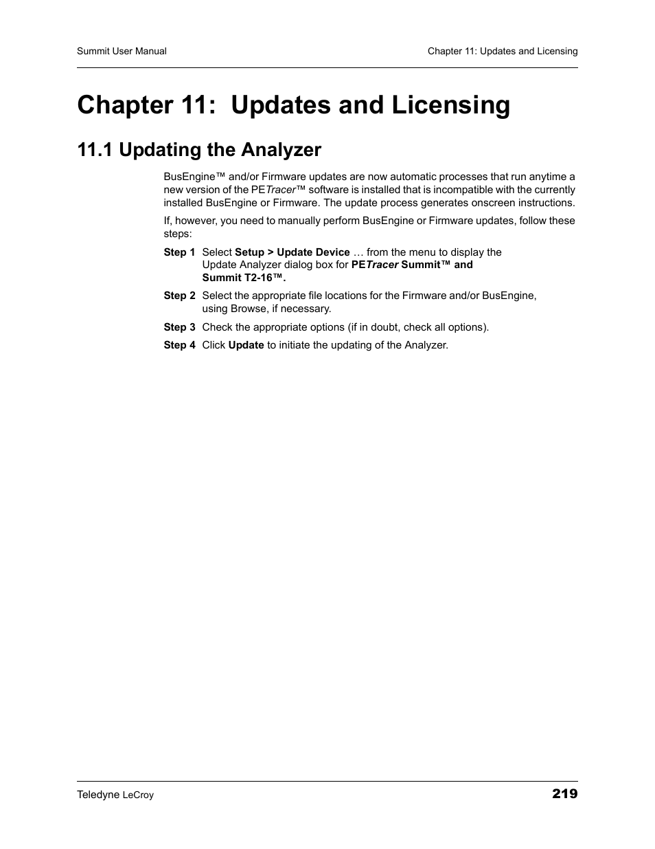 Chapter 11: updates and licensing, 1 updating the analyzer, Chapter 11 updates and licensing | Teledyne LeCroy PETracer Summit and Summit T2-16 PCIe User Manual User Manual | Page 227 / 244