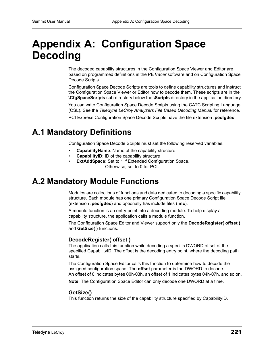Appendix a: configuration space decoding, A.1 mandatory definitions, A.2 mandatory module functions | Appendix a configuration space decoding | Teledyne LeCroy PETracer Summit and Summit T2-16 PCIe User Manual User Manual | Page 229 / 244