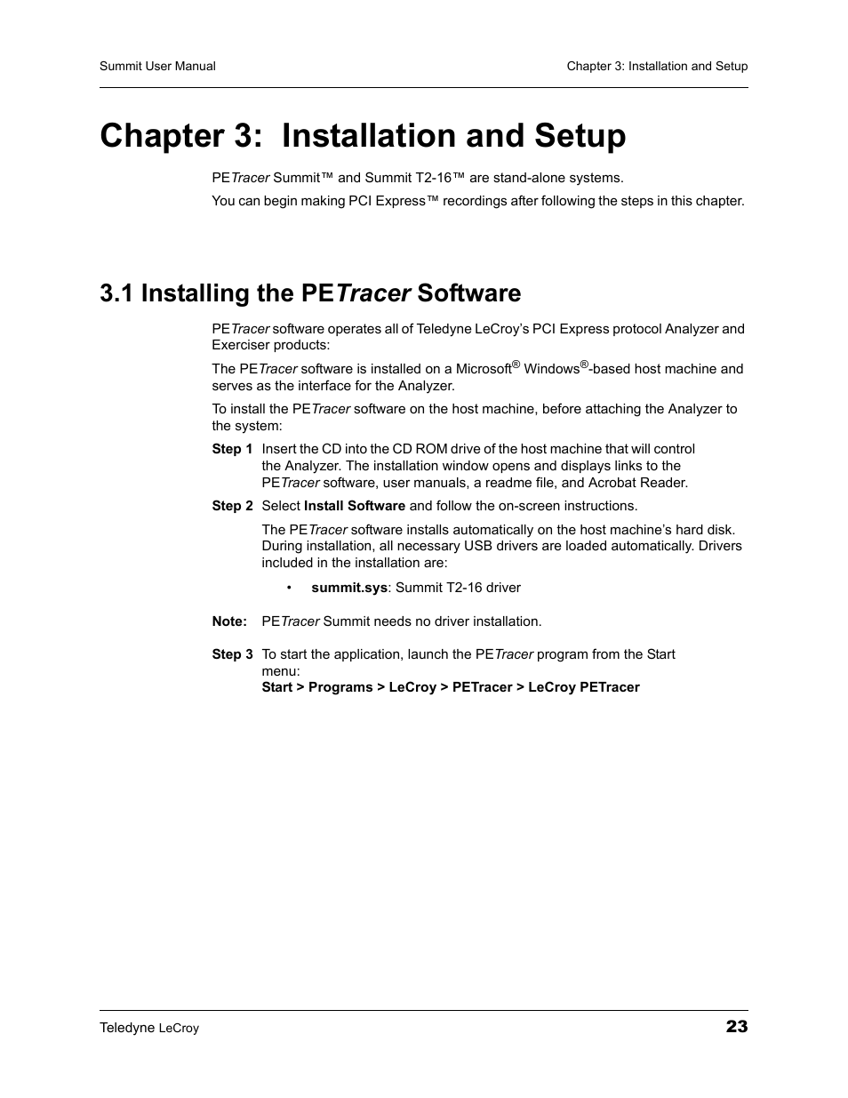 Chapter 3: installation and setup, 1 installing the petracer software, Chapter 3 | Installation and setup, 1 installing the pe tracer software | Teledyne LeCroy PETracer Summit and Summit T2-16 PCIe User Manual User Manual | Page 31 / 244