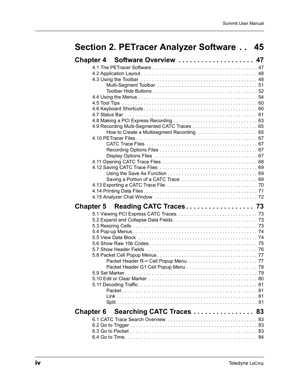 Chapter 4 software overview, Chapter 5 reading catc traces, Chapter 6 searching catc traces | Teledyne LeCroy PETracer Summit and Summit T2-16 PCIe User Manual User Manual | Page 4 / 244